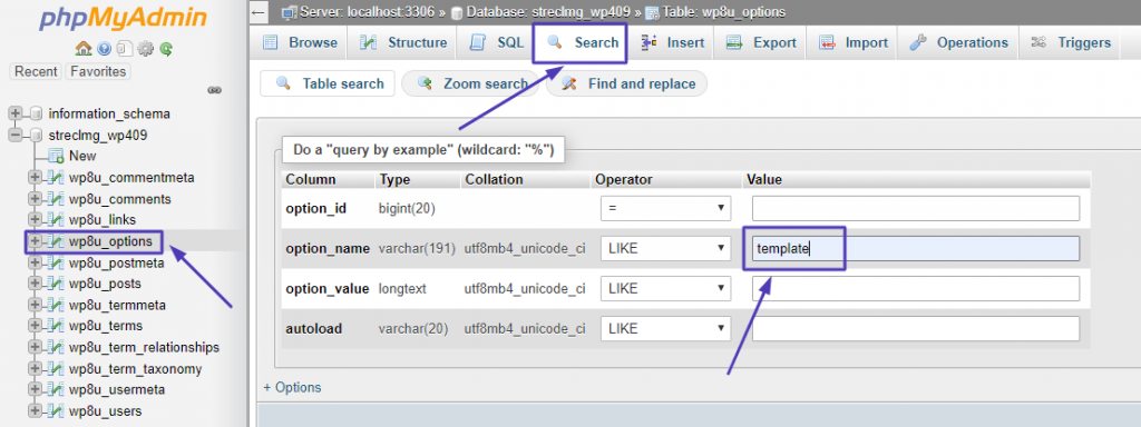  search-wordpress-template-at-phpmyadmin-wp-options
