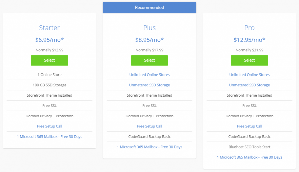 bluehost-woocommerce-hosting-plans